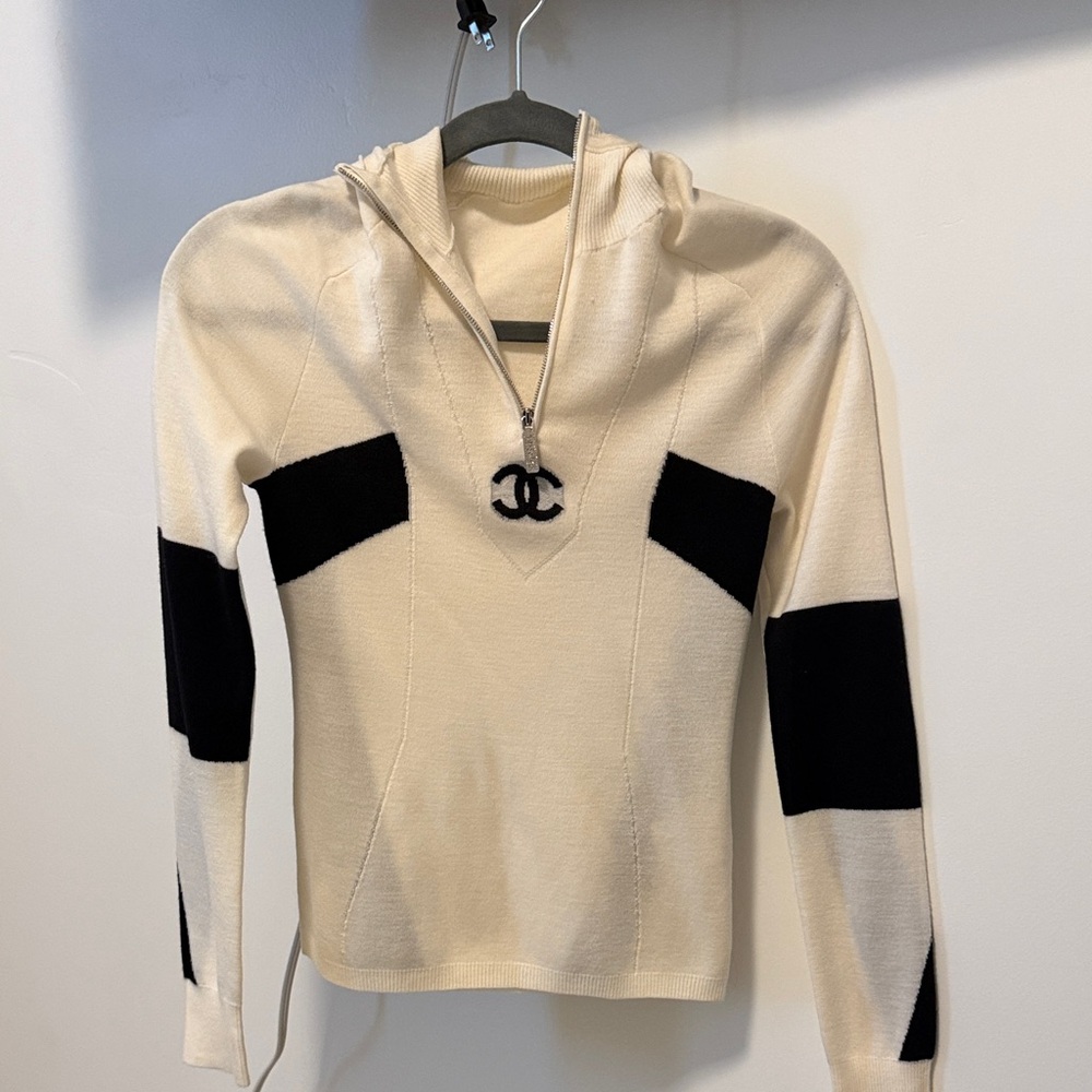 CHANEL Beige and Black Knit Hoodie